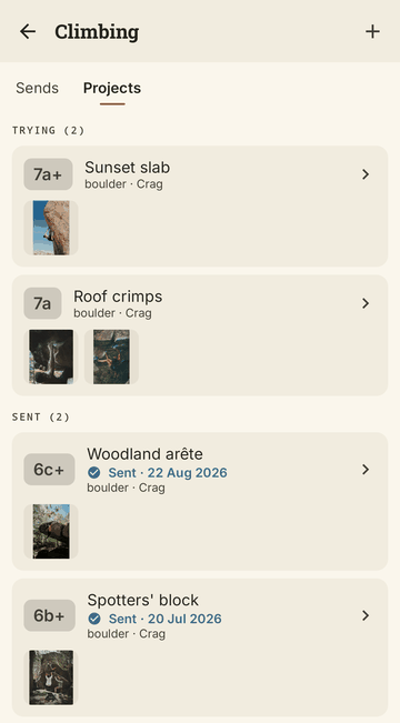 Climbing projects: two being tried and two sent, each with its grade and photos