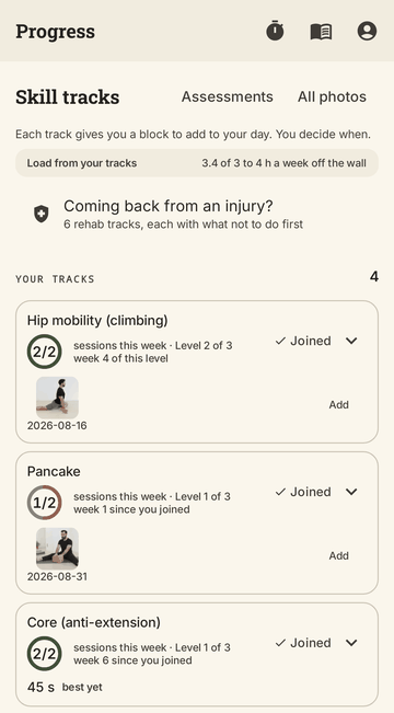 Progress: four joined tracks with sessions done this week and the level each is on