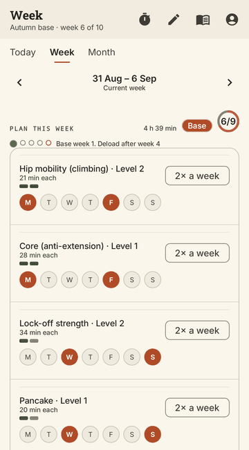 Week: four tracks, each pinned to two days, with sessions done